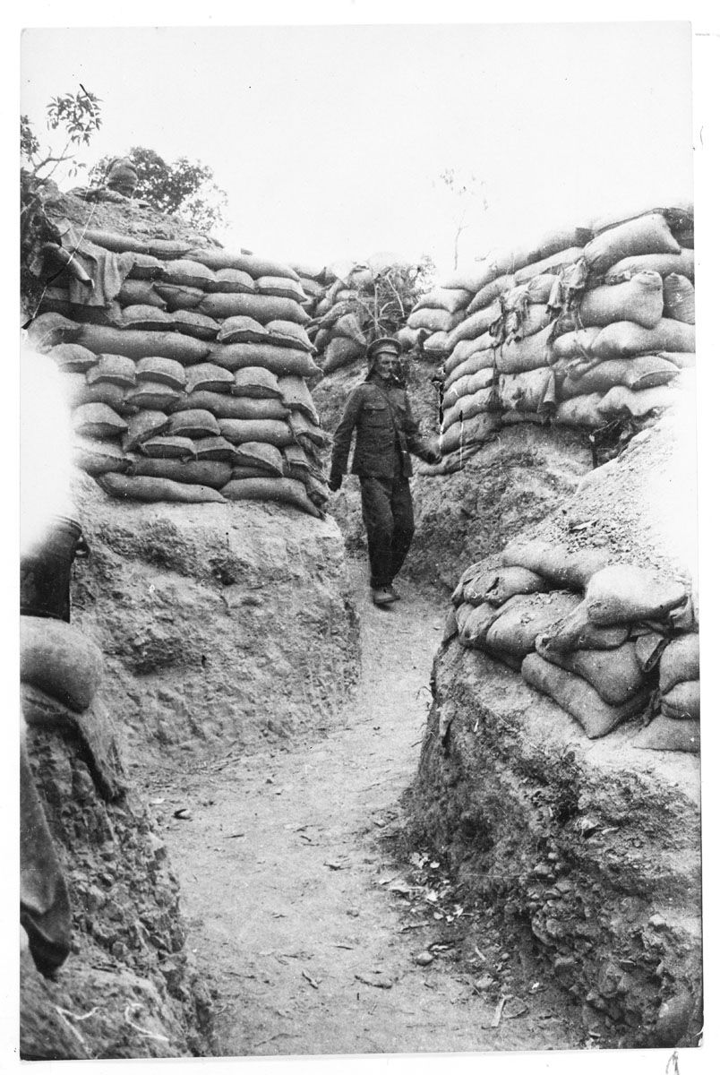 Lieutenant Beetham at the entrance to sandbagged trenches on Walker's Ridge.